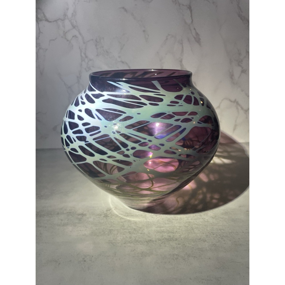 Vtg Large Handblown Signed Colin Stone 1985 Web Glass Vase